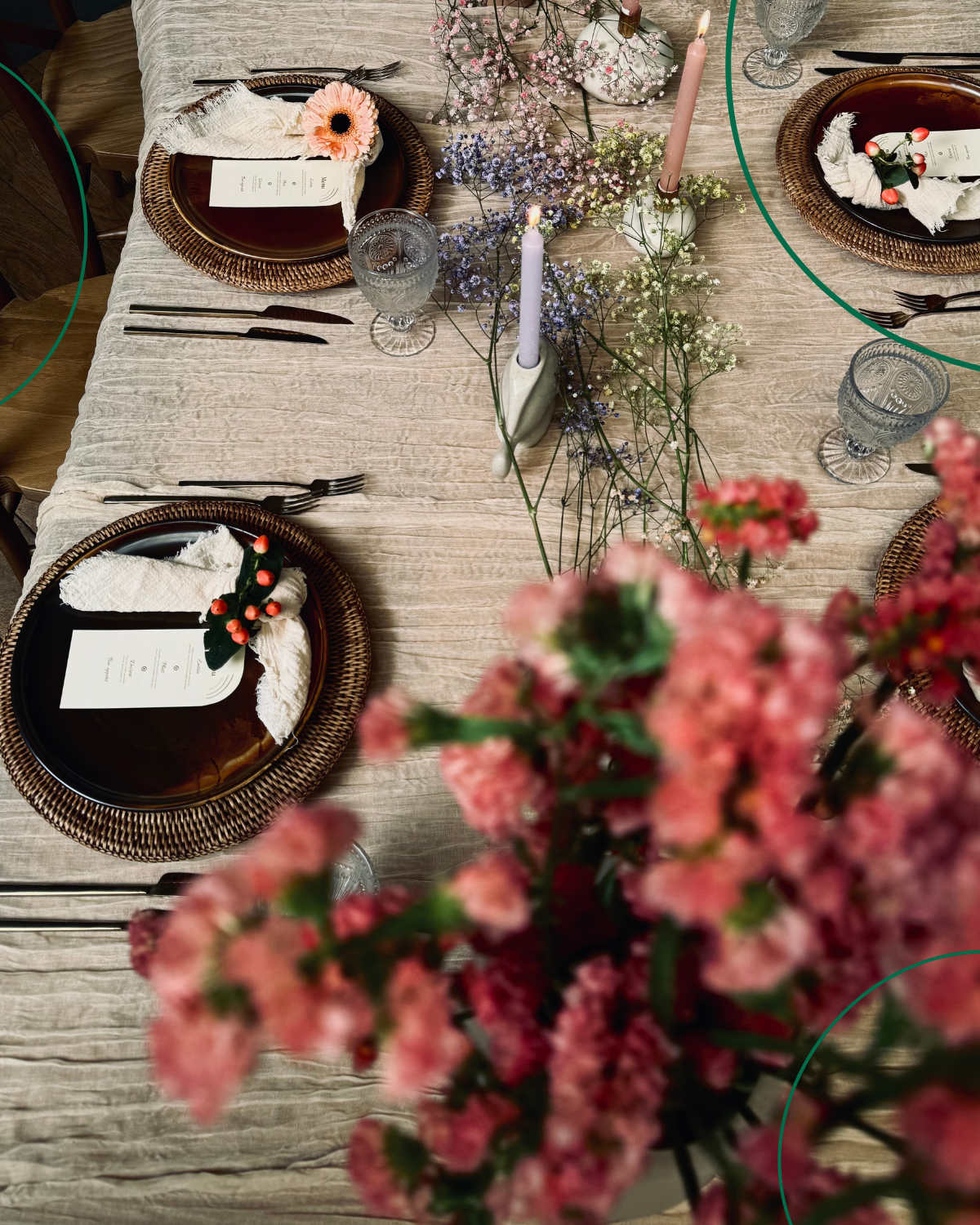 Elegant wedding table in evening light under fairy lights